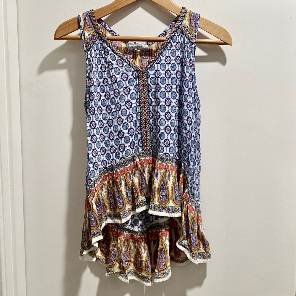 Patrons Of Peace Aztec Western Y2K Boho Embroidery Ruffles Tank Top Blouse S